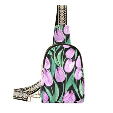 Imagem de CEBUGI Bolsa feminina tulipas com folhas, bolsa tiracolo de couro, bolsa de peito para caminhadas, viagens ao ar livre
