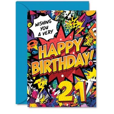 Imagem de Stuff4 Cartões de aniversário de 21 anos para homens e mulheres - Comic Book Pow! - Cartão de feliz aniversário para homem de 21 anos mulher irmã amiga prima tio, cartões comemorativos A5 aniversário