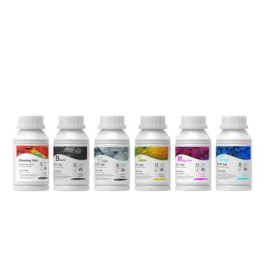 Imagem de DXZ Tinta DTF premium 1250 ml, tinta de transferência DTF para filme PET, refil para impressoras DTF para L1800, XP600, L805, L800, R2400, XP-15000, P400, P800 (5 * 250 ML CMYKW) Inclui pó DTF de 500