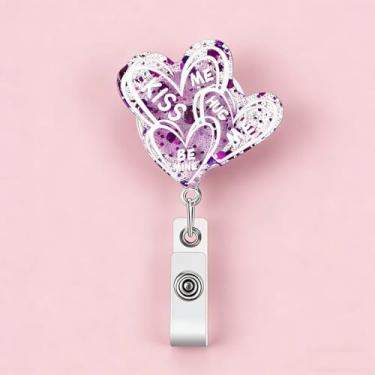 Imagem de Carretel de crachá de identificação dos namorados roxo com clipe de garra de 360° para porta-cartões de identificação, porta-chaves retrátil de coração com glitter LINMEIZAI Carretel romântico e