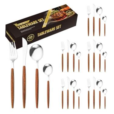 Imagem de AUXOM Faqueiro 24 Peças em Aço Inox 416 - Jogo de Talheres Premium com Caixa Litografada, Alças de Madeira e Polido de faca e garfo Conjunto para Mesa Posta e Utensílios de Casa/Restaurante (Prata)