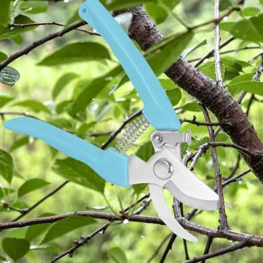 Imagem de Tesoura de jardim de aço inoxidável com lâmina curvada azul, aparador de galhos premium com cabo ergonômico de polipropileno