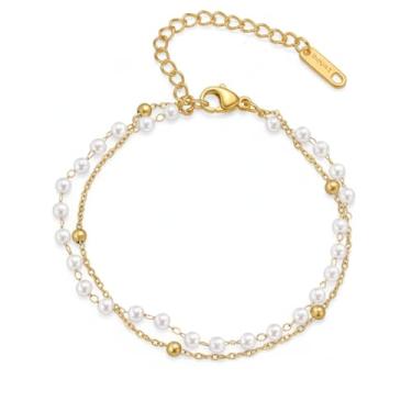 Imagem de Solza Pulseira de pérolas de 2 camadas de ouro – Corrente de aço inoxidável ajustável em camadas com contas de 3 mm, joia feminina banhada a ouro 18 K, pulseira elegante com contas para uso diário