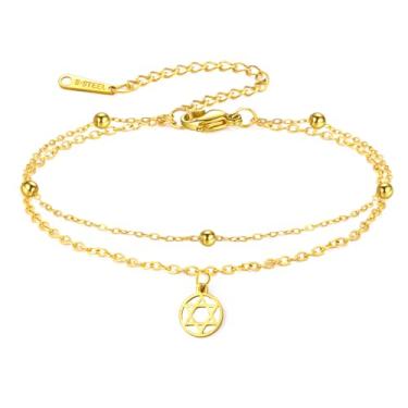 Imagem de TEAMER Pulseira com estrela de Davi, corrente de contas de camada dupla, ajustável, estrela de Davi, hexagrama judaico, amuleto, joia feminina, 10*8mm, Aço inoxidável, Sem Pedra Preciosa