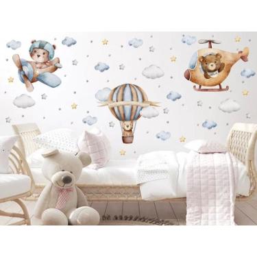 Imagem de Adesivo de Parede Urso Aviador Boho Aviões e Balões decoração Infantil