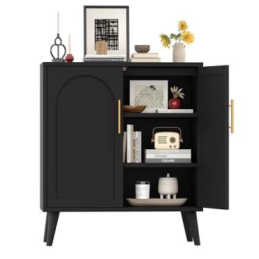 Imagem de Keehusux Armário de armazenamento moderno D de 39,9 cm com portas, armário de piso de banheiro com prateleira ajustável e pernas de madeira maciça, buffet de aparador para sala de jantar, sala de