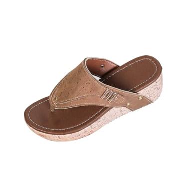 Imagem de Chinelo feminino plataforma plataforma com bico redondo e design de tiras para uso casual, Marrom, 35