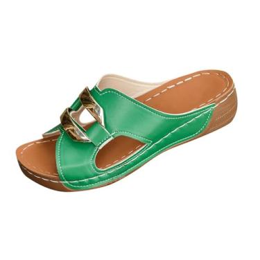 Imagem de Sandálias femininas casuais com fivela vazada salto plataforma sola grossa leve praia conforto primavera verão desgaste, Verde militar, 35