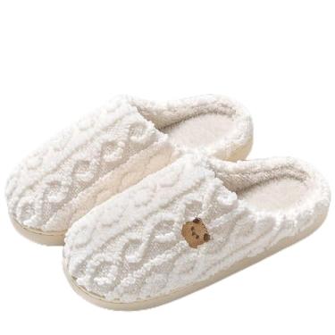 Imagem de Chinelos femininos felpudos de desenho animado, para casais, em casa, para uso interno, com sola grossa antiderrapante, sapatos aconchegantes de pelúcia para casa, design de animal fofo, Branco, 35