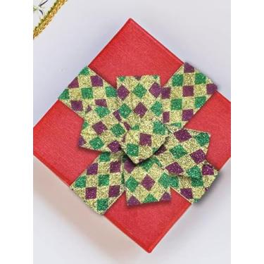 Imagem de Fitas de borda com fio Mardi Gras 6,3 cm 10 jardas, fita de serapilheira com borda dourada com glitter roxo e verde fita de embrulho de diamante para festa de carnaval de carnaval faça você mesmo