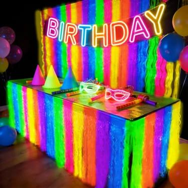 Imagem de Decoração de festa neon brilhosa pano de fundo e saias de mesa, cortinas de franja onduladas coloridas UV Macaron, cortina de franja de folha de estande de fotos, pano de fundo de cabine de fotos e