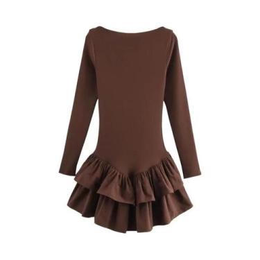 Imagem de Vestido De Festa Feminino Com Corpete Franzido, Manga Longa, Gola O, C