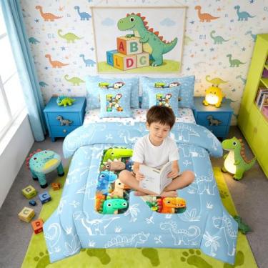 Imagem de Erosebridal Jogo de cama solteiro com desenho animado fofo de dinossauro 3D em uma bolsa, 7 peças, com lençol com letra K, para crianças e adultos, jogo de cama de animais selvagens