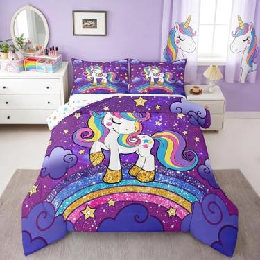 Imagem de Feelyou Conjunto de cama de unicórnio para crianças, meninas, solteiro, fofo, unicórnio, estampa de estrela, unicórnio, glitter, conjunto de edredom para decoração de quarto