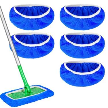 Imagem de Pacote com 3 almofadas de esfregão de microfibra reutilizáveis azuis escuras, capa de esfregão plana molhada e seca, refil de almofadas molhadas laváveis para limpeza de piso de superfície/madeira