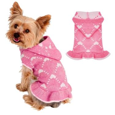 Imagem de Suéter de cachorro para dia dos namorados, vestido de cachorro para cães pequenos, roupas de cachorro rosa, suéter de coração, suéter de gato, quente, tricotado para filhotes, roupa confortável para