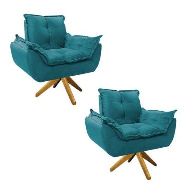 Imagem de kit 02 Poltronas Opala Base Giratória de Madeira Suede Azul Turquesa -