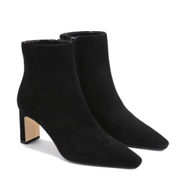 Imagem de MICIFA Botas femininas de cano baixo, salto grosso, bico quadrado, salto quadrado, com zíper lateral, outono, inverno, botas curtas, Camurça preta, 36 BR