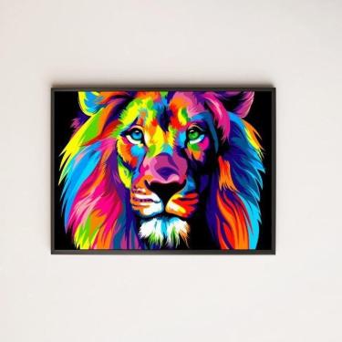 Imagem de Quadro Desenho Leão Multicolorido 45X34Cm Com Vidro Preta