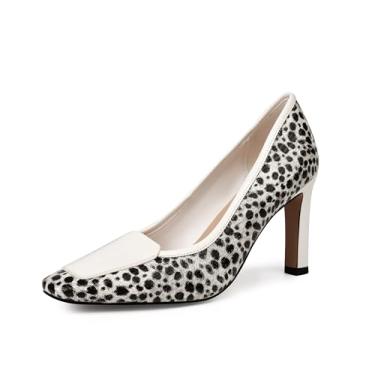 Imagem de Clmhoe Sapato social feminino salto bloco sapato feminino estampa de chita couro sintético festa confortável sapatos sociais para mulheres, Guepardo branco, 35