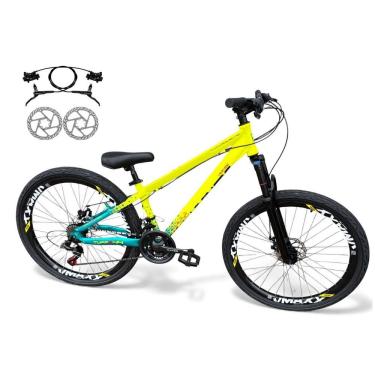 Imagem de Bicicleta Aro 26 Vikingx Tuff X44 Freio Hidráulico 21v Freeride Rodas Vmaxx Garfo Suspensão Pneu Flame Cor Amarelo-Verde