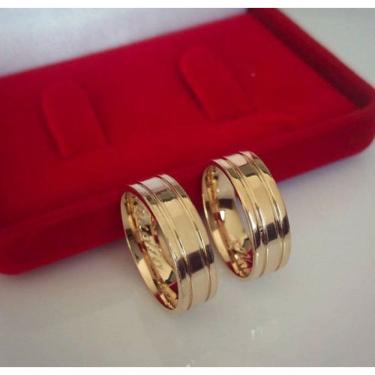 Imagem de Par De Aliança 6Mm 2 Frisos Laterais Prata Banhada A Ouro