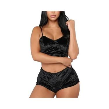 Imagem de Conjunto De Pijama De Veludo Feminino Sexy Com Alças E Decote Em V Sem