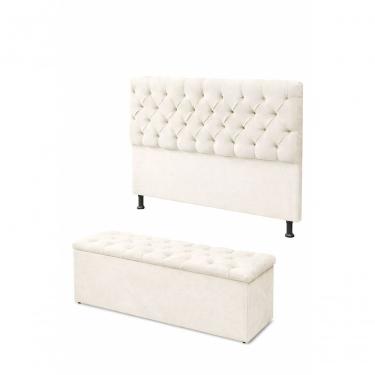 Imagem de Kit Cabeceira De Cama Box Com Calçadeira Baú Mirage Capitonê Casal 140 Cm Suede Porcelana Eli Móveis E Decoração