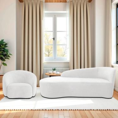 Imagem de Kit Divã Recamier Orgânico França 160cm Lado Esquerdo E Poltrona Amore Bouclé Branco