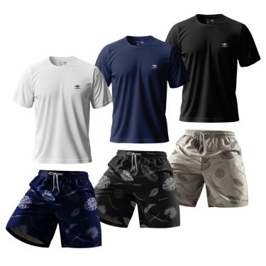 Imagem de Kit Masculino 3 Camisetas Dry Manga Raglan Academia E Shorts Estampado Verão Praia Bási...