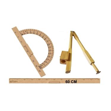 Imagem de Kit Geométrico do Professor Mdf Com Régua 60 cm 1 Compasso Para Quadro Branco 40 cm e 1 Transferidor 180 Graus