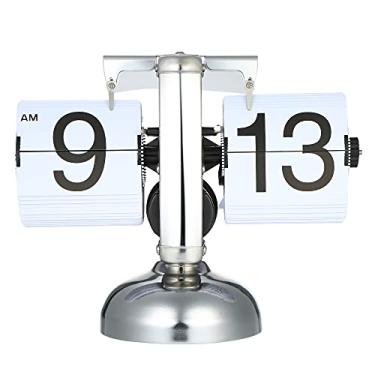 Imagem de Relógio de mesa de pequena escala retrô flip over clock aço inoxidável flip interno com engrenagem relógio de quartzo preto/branco