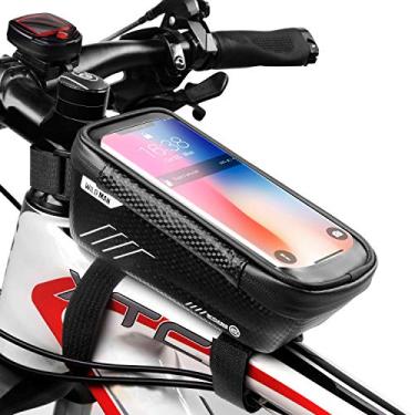 Imagem de WILD MAN Bolsa suporte de celular para bicicleta, bolsa de guidão impermeável com suporte de tela sensível ao toque para parte frontal do quadro da bicicleta compatível com iPhone X XS Max XR 8 7 Plus, compatível com celulares Android/iPhone com menos de 6,5 polegadas