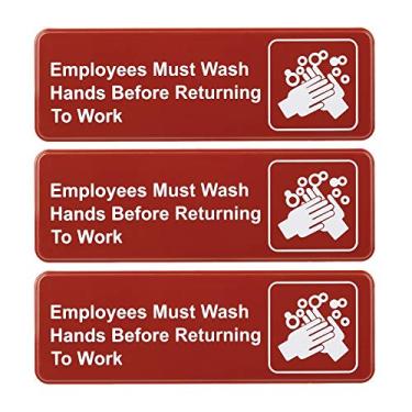 Imagem de Excello Global Products Employees Must Wash Hands Before Return to Work Sign: Placa informativa de segurança de plástico fácil de montar com símbolos Ótimo para negócios, 23 x 7,6 cm, pacote com 3