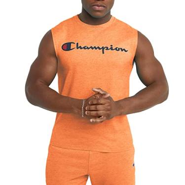 Imagem de Champion Camiseta masculina, músculo clássico, jérsei, camiseta de algodão, logotipo escrito, laser laranja Pe Heather, pequena, Laser Laranja Pe Heather, P