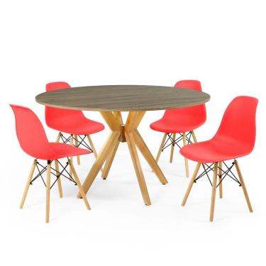 Imagem de Conjunto Mesa de Jantar Redonda Marci Natural 120cm com 4 Cadeiras Eames Eiffel - Vermelho