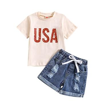 Imagem de Camiseta infantil para meninas, manga curta, Dia da Independência, 4 de julho, estampa de letras T Baby (bege, 6 a 12 meses)