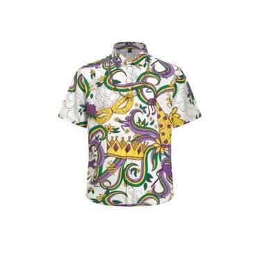 Imagem de Regenboog Camisa masculina Mardi Gras, camisa estampada de manga curta com botões, camisa de praia havaiana casual tropical engraçada masculina, Mardis Gras Branco 2, GG