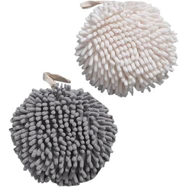 Imagem de Conjunto de toalhas de mão de chenille, toalha de bola difusa absorvente macia com laço para limpeza, 2 peças de handebol branco e cinza/85