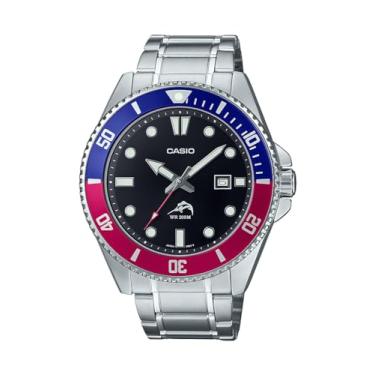 Imagem de Casio Relógio masculino estilo mergulho clássico, 200 M WR, coroa rosqueada e parte traseira da caixa, série MDV106, Azul/vermelho/prata, Pulseira de aço inoxidável