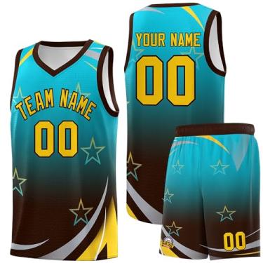 Imagem de Camiseta de basquete personalizada para homens mulheres jovens, shorts de basquete personalizados com logotipo do número do time, Azul lago e amarelo-66, Tamanho Único