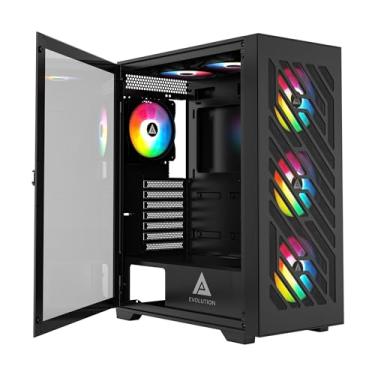 Imagem de Apevia EVOLUTION-BK Evolution Mid Tower Capa para PC para jogos com 6 ventoinhas PWM ARGB de 120 mm, 366 modos de luz RGB, 1 painel frontal de malha de placa de metal, 1 painel lateral de vidro