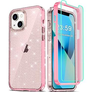 Imagem de COOLQO Capa compatível com iPhone 14 Plus de 6,7 polegadas, com [2 x protetor de tela de vidro temperado] glitter transparente brilhante 360 cobertura total silicone macio 3 em 1 capa protetora para telefone rosa