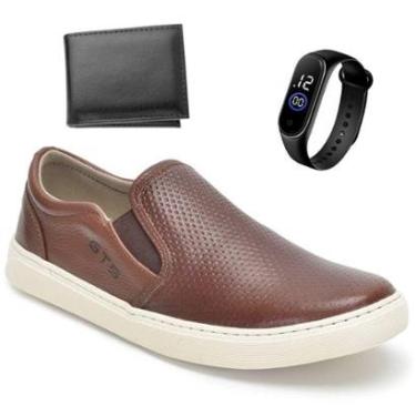 Imagem de Kit Slip On Masculino Couro Tênis Iate Sapatênis Sem Cadarço Calce Fácil + Relógio + Carteira-Masculino