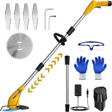 Imagem de Weed Wacker Aparador de ervas daninhas sem fio, operado por bateria de 2000 mAh, lâmina de corte de 3 tipos, cortador de grama elétrico leve, carregador rápido, aparador de grama portátil para jardim