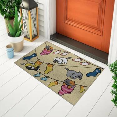 Imagem de Capacho Divertido e Decoratico De Porta Tapete Criativo Estampado Pet - Gato No Varal Ca1761