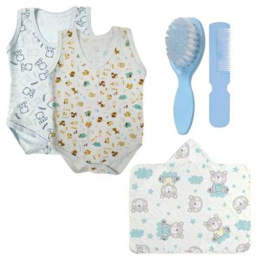 Imagem de Kit Bebê 5 Pçs Body Regata Toalha Capuz e Kit Pente e Escova - Koala B