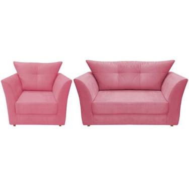 Imagem de Kit Namoradeira + 1 Poltrona Decorativa Isis Suede Rosa Pés Madeira Ms