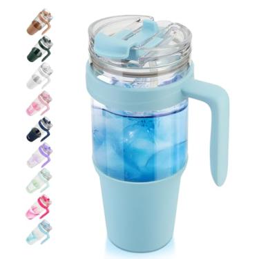 Imagem de Copo de vidro Tronco 1,2 l, com canudo articulado antivazamento e tampa de plástico, reutilizável, com alça, copo para café gelado, garrafas de água, compatível com porta-copos, perfeito para smoothie