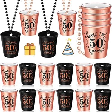 Imagem de Uiifan Colar com 12 peças de copos de shot 40º 50º 60º colar de copos de plástico de aniversário em contas para suprimentos de aniversário de festa de aniversário, preto e ouro rosa (50º)